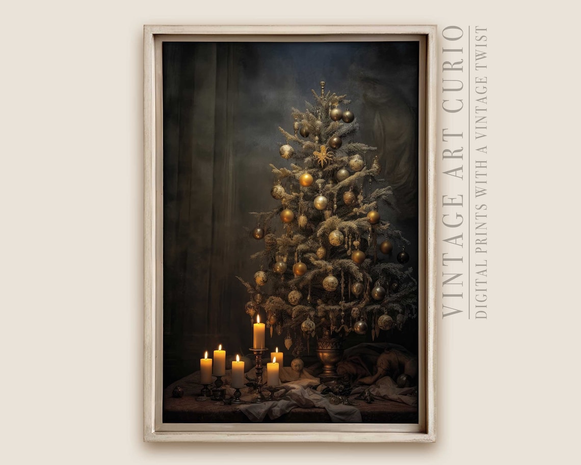 Vintage Christmas Tree Art Print, Dark Academia Decor