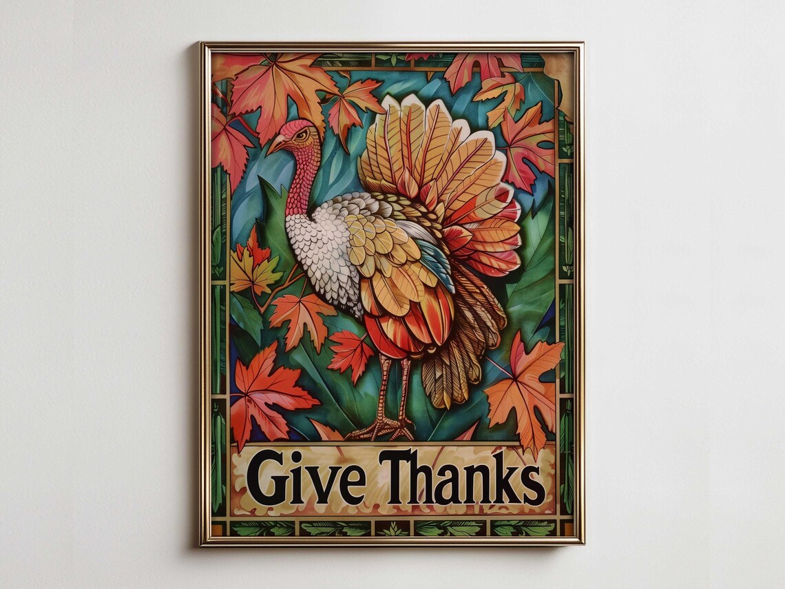Vintage Give Thanks Turkey with Autumn Leaves Ornate Teal Poster