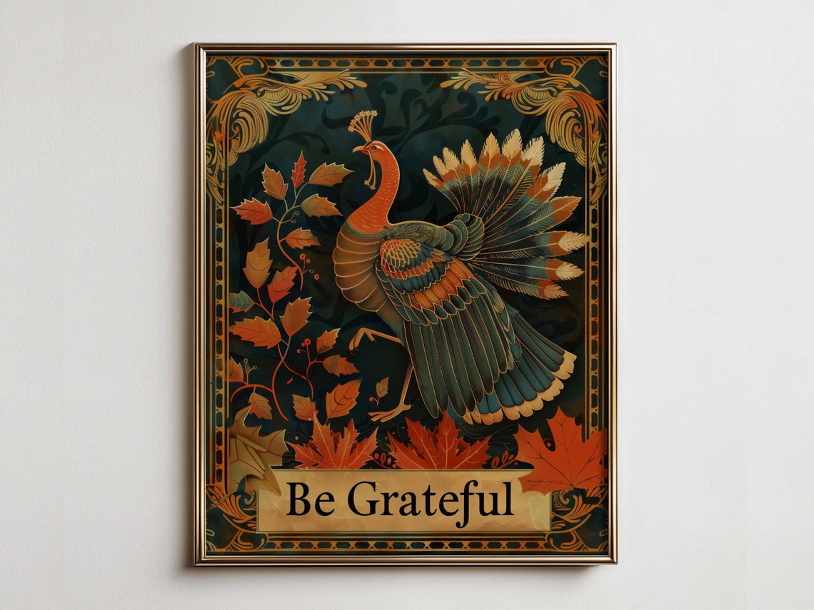 Be Grateful Stylized Turkey Art Nouveau Autumn Poster Design