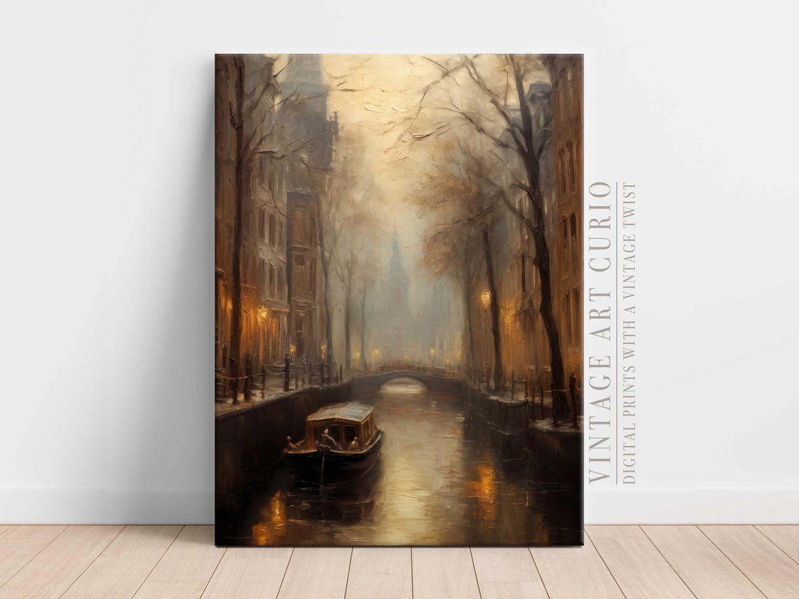 Amsterdam Canal Evening Oil Painting Misty European Cityscape Poster