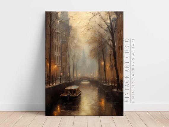 Amsterdam Canal Oil Painting Print Rustic European Cityscape
