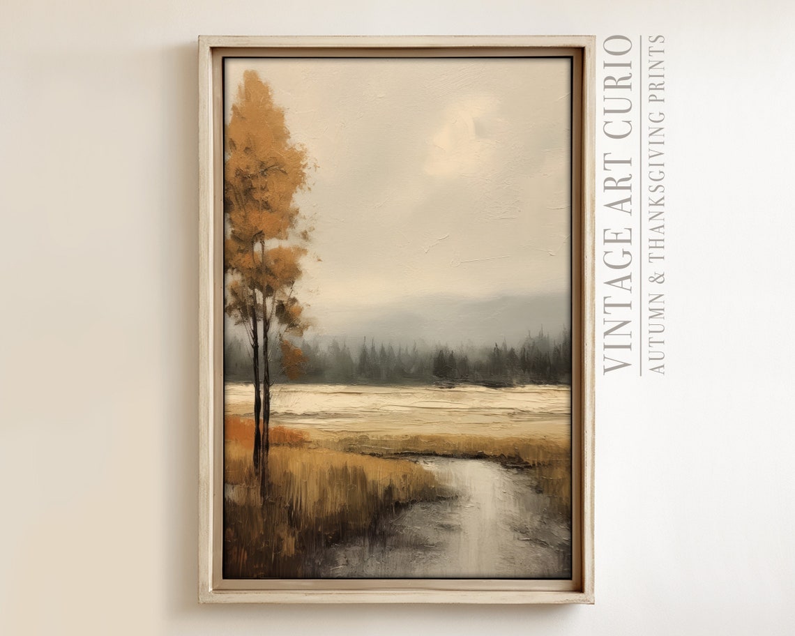 Tall Golden Tree Autumn Painting Winding Stream Meadow Art Print