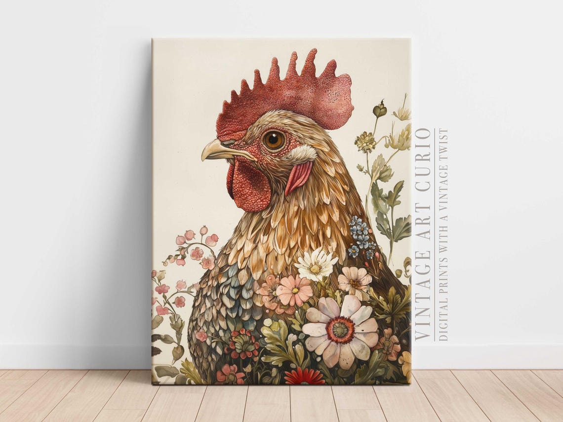 Floral Rooster Art Print, Rustic Farmhouse Kitchen Decor