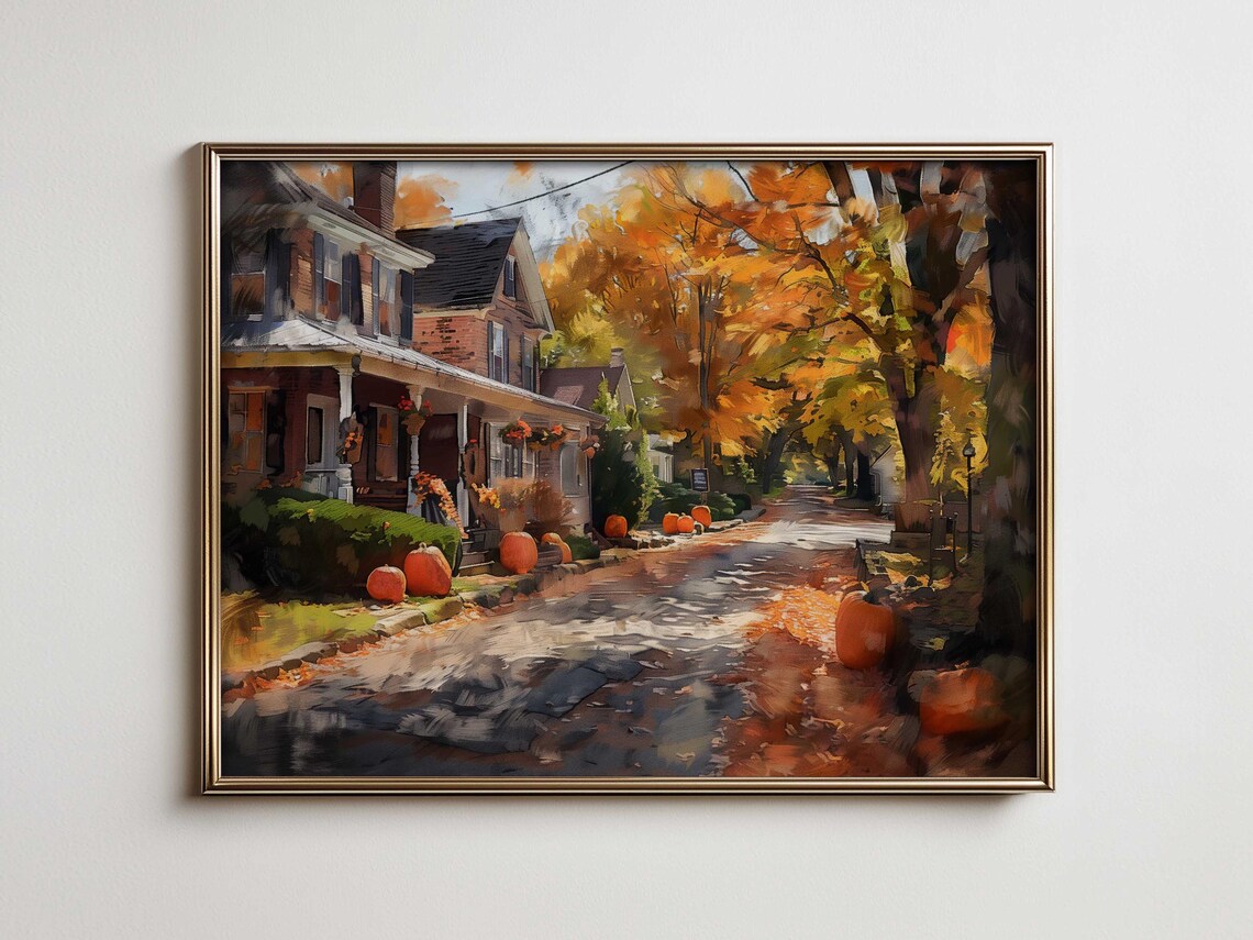 Halloween Print Landscape Wall Art Pumpkin Spooky Decor Vintage Colonial Scenery Rustic Autumn Farmhouse