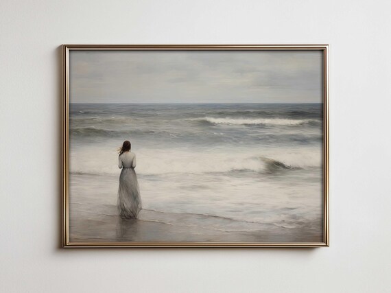 Lonely Woman on Misty Beach Ocean Waves Moody Oil Painting Poster