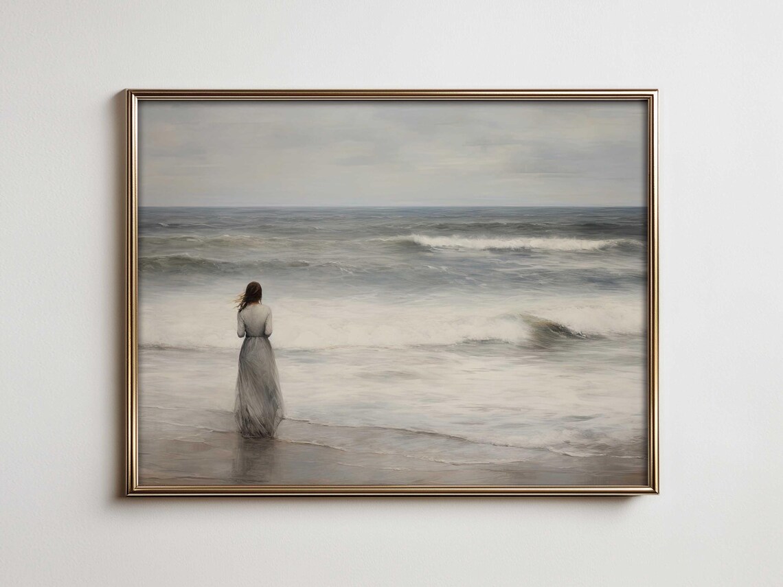 Lonely Woman on Misty Beach Ocean Waves Moody Oil Painting Poster