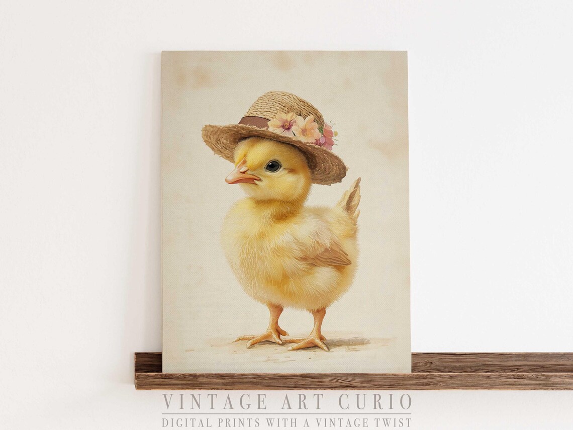 Baby Chick in Straw Hat with Flowers Cute Farm Animal Portrait Poster