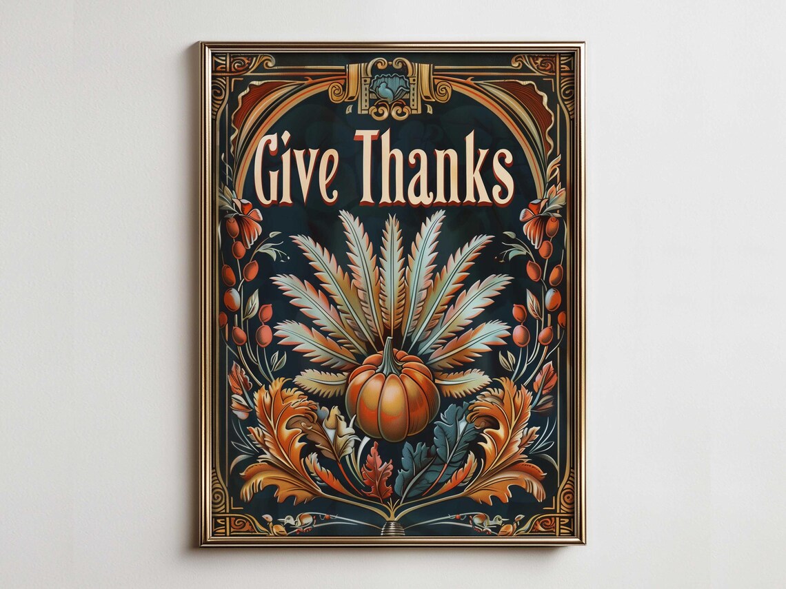 Give Thanks Pumpkin Art Nouveau Thanksgiving Botanical Poster