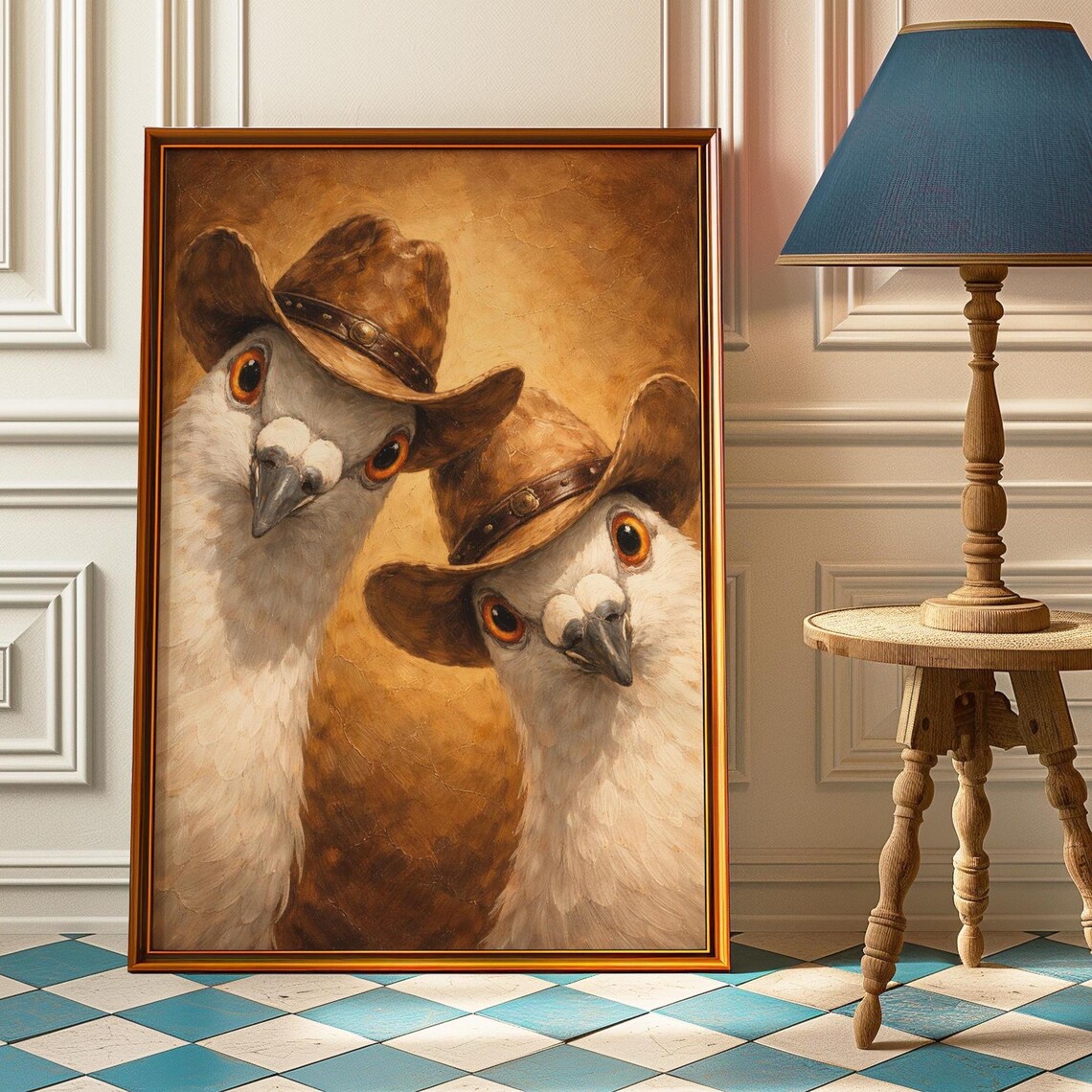 Two Pigeons Wearing Cowboy Hats Funny Quirky Bird Portrait Poster