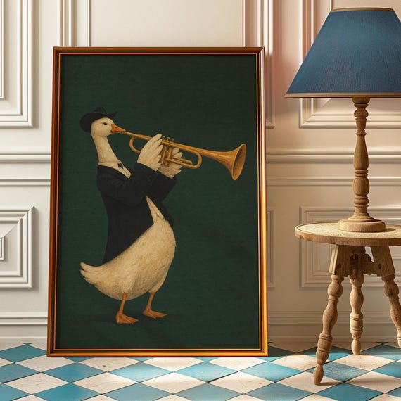 Jazz Duck Poster Trumpet Goose Wall Art Whimsical Music Print Dark Green Painting Room Decor Funny Musician Gift