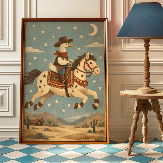 Silly Cowboy Goose Poster, Western Nursery Decor