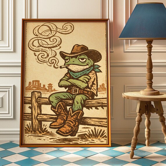 Vintage Western Cowboy Frog Poster, Quirky Kitchen Decor