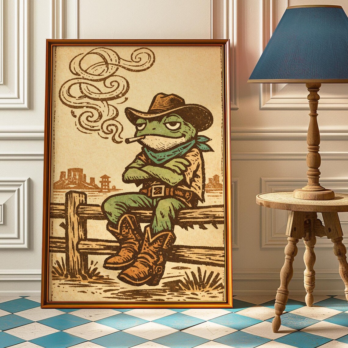 Vintage Western Cowboy Frog Poster, Quirky Kitchen Decor