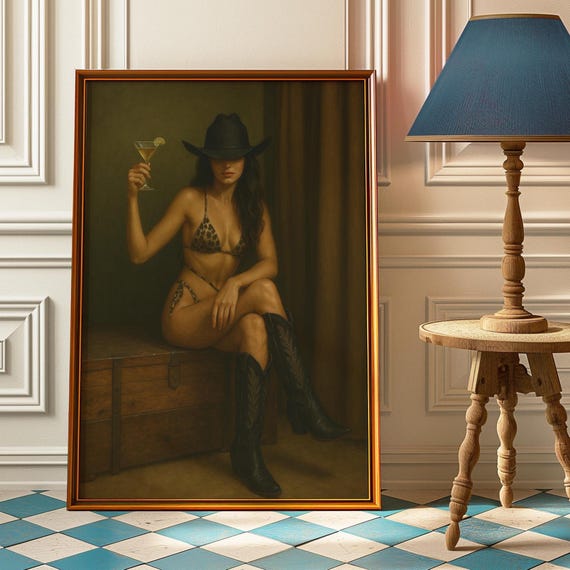 Vintage Western Cowgirl Martini Poster Sensual Boudoir Print Black Cowboy Boots Wall Art Moody Saloon Decor