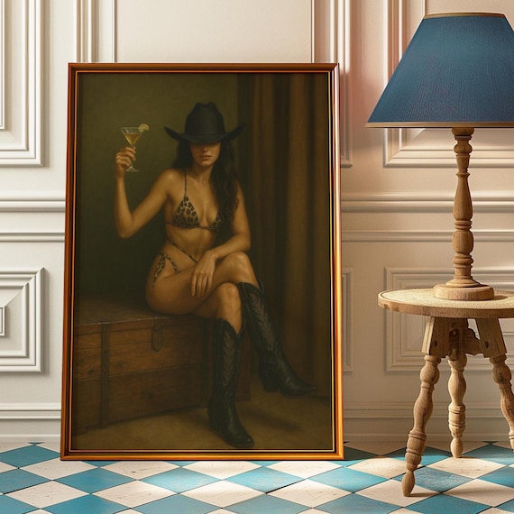 Western Cowgirl Martini Glass Leopard Bikini Mood Oil Painting Poster