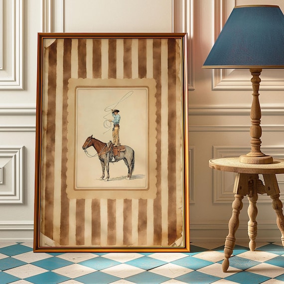Cowboy Standing On Horse Lasso Vintage Striped Western Decor Poster