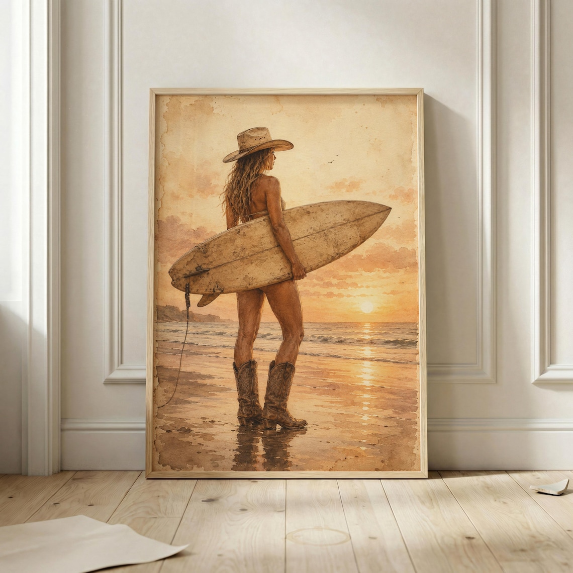 Beach Cowgirl Poster, Vintage Malibu Surf Lover Gift