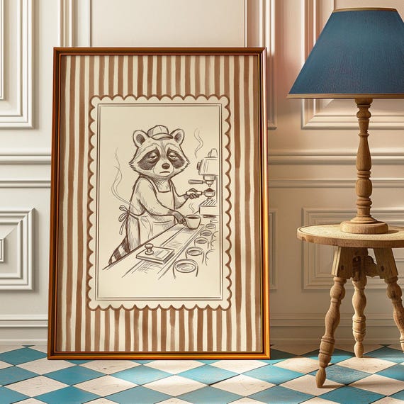 Tired Barista Raccoon Poster Funny Coffee Shop Wall Art Vintage Espresso Print Cafe Kitchen Decor