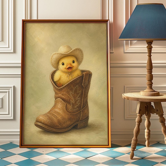 Cowboy Duckling in Boot Western Nursery Cute Baby Duck Painting Room Poster