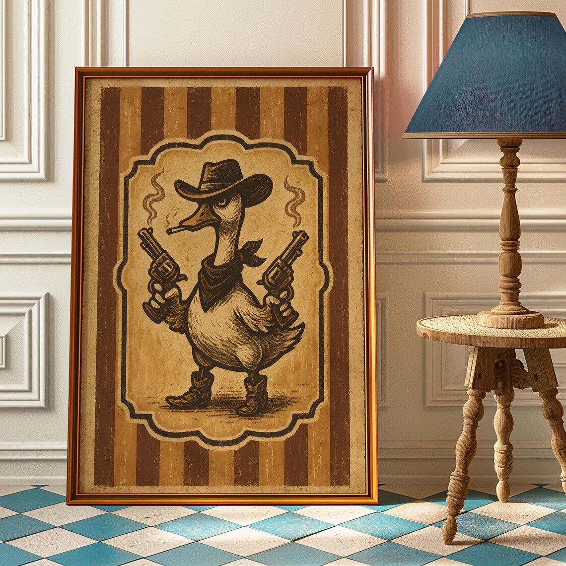 Silly Cowboy Goose Poster Print, Western Rustic Vintage