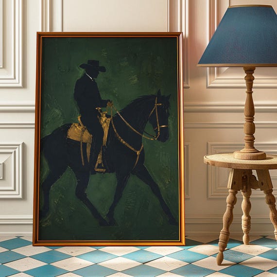 Cowboy On Horse Poster Western Silhouette Wall Art Gold And Green Print Vintage Rodeo Painting Ranch House Decor Lover Gift