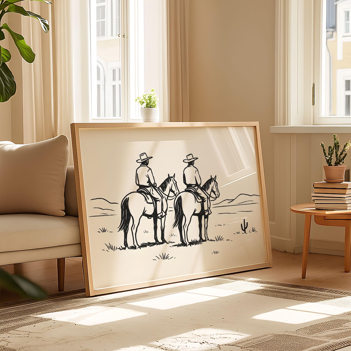 Two Cowboys on Horseback Western Line Art Minimalist Style Print