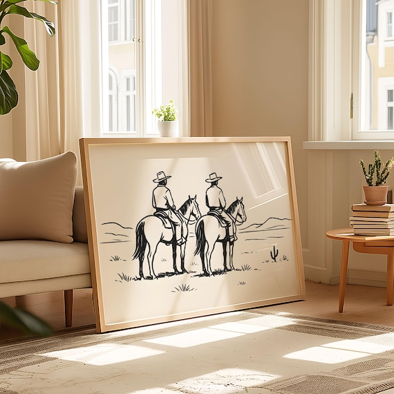 Two Cowboys on Horseback Western Line Art Minimalist Style Print