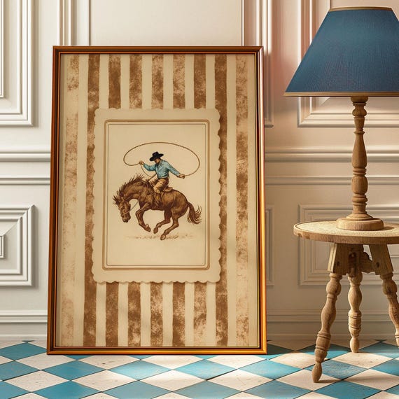 Vintage Western Cowboy Poster Rustic Rodeo Wall Art With Stripes Bronco Rider For Farmhouse Or Man Cave Decor Gift Idea