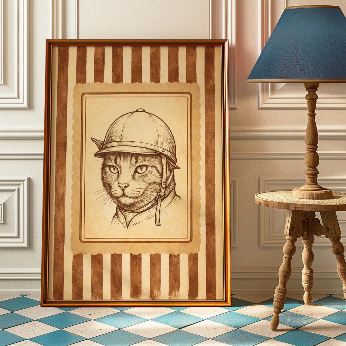 Equestrian Cat Poster, Vintage Tabby Stable Decor