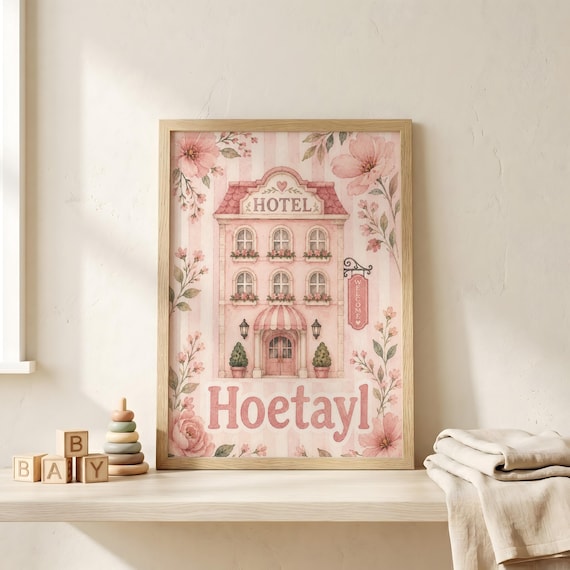 Pink Watercolor Hotel Building Hoetayl Nursery Print for Girls Room