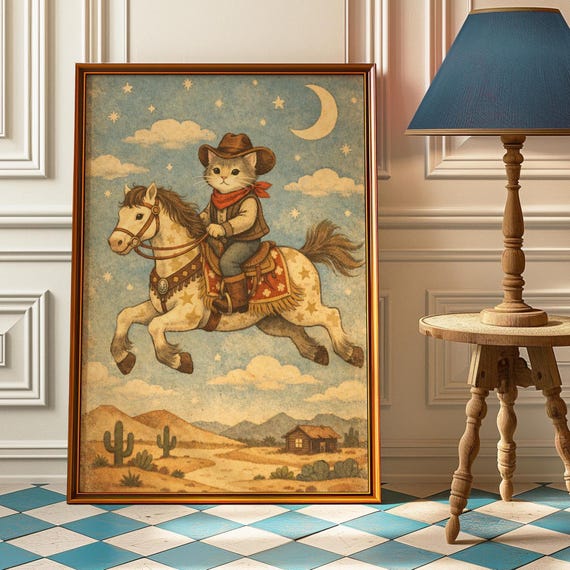 Silly Cowboy Goose Wall Art Print Funny Western Dancing Duck Poster Nursery Decor Rustic Vintage Artwork
