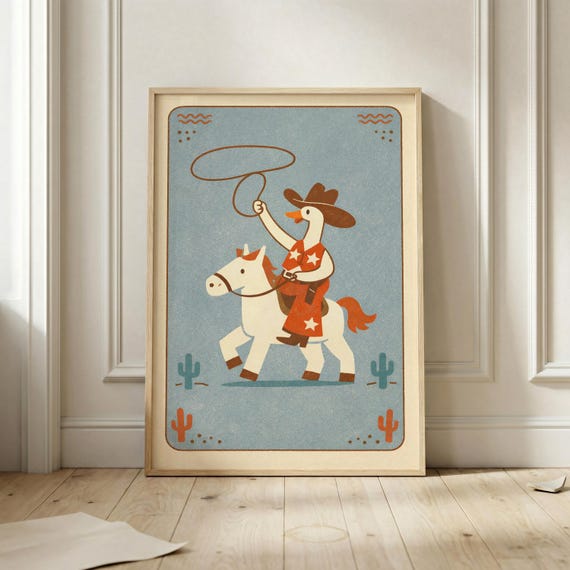 Silly Goose Cowboy Poster Western Nursery Horse Wall Art Funny Lasso Print Boho Kids Room Decor