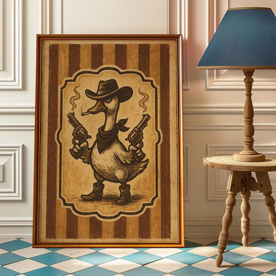 Silly Cowboy Goose Wall Art Print Western Dancing Duck Poster Nursery Decor Rustic Vintage Artwork