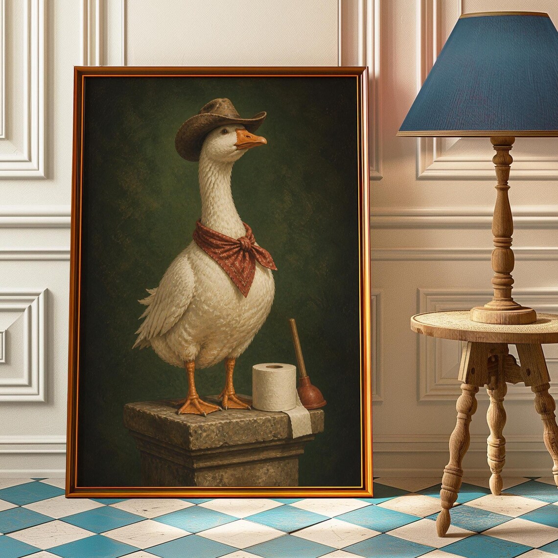 Cowboy Goose Bathroom Portrait Silly Funny Western Duck Art Print