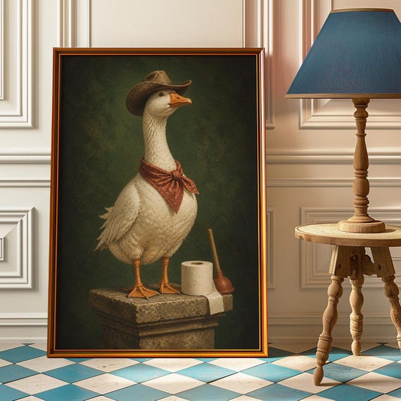 Cowboy Goose Bathroom Poster Funny Duck Wall Art Western Plunger Print Whimsical Toilet Painting Half Bath Decor Gift