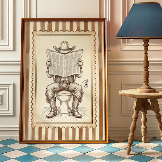 Funny Cowboy Bathroom Poster Vintage Western Toilet Newspaper Art Decor
