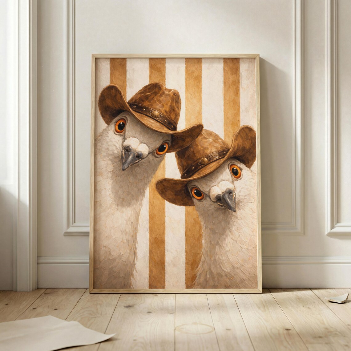 Two Cowboy Pigeons In Hats Striped Background Western Bird Poster