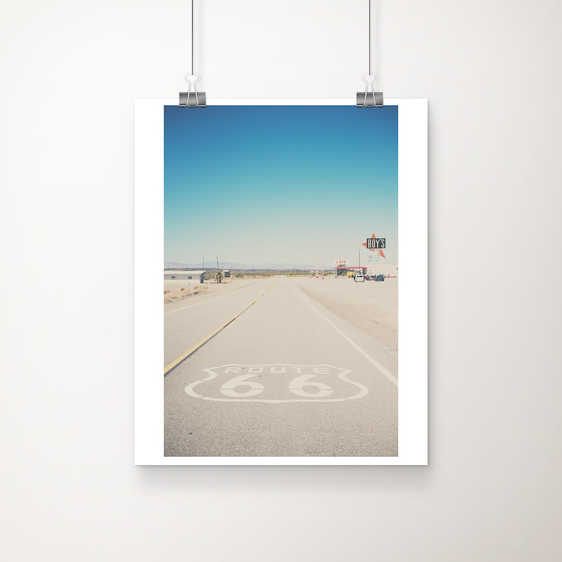 Route 66 Highway Photo With Roy's Cafe Desert Road Sign Poster