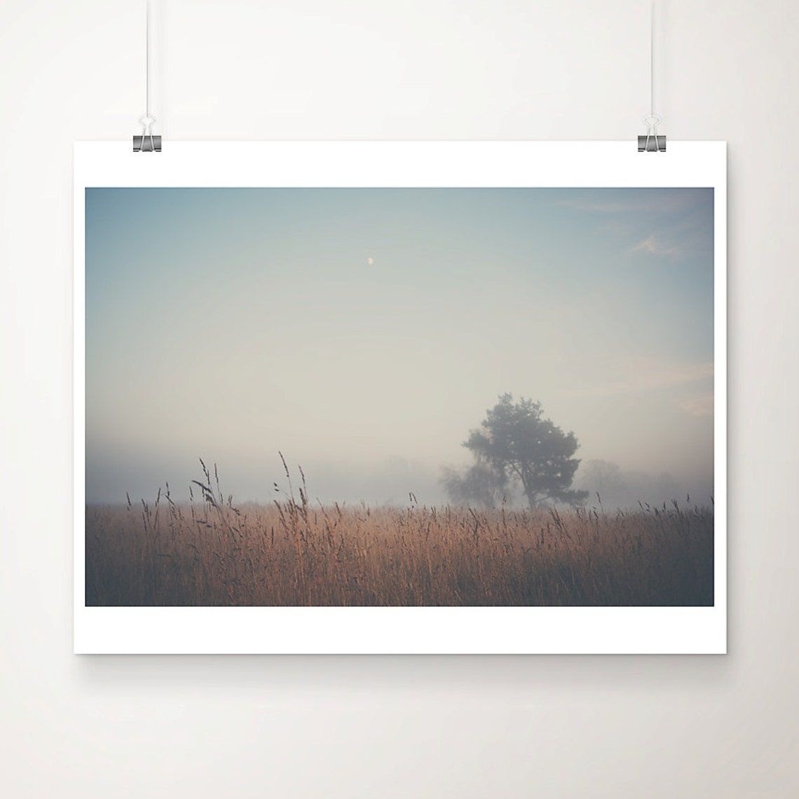 Misty Morning Fog Over Golden Field With Lone Tree Serene Poster