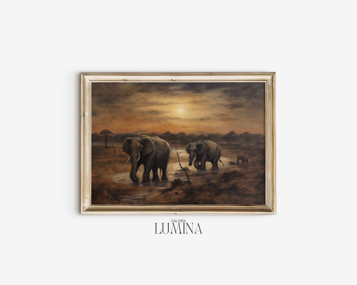 African Savannah Elephants Original Oil Painting Dark Moody Wildlife Painting Maximalist Wall Art Art Frame Tv Art 331 - Image 2