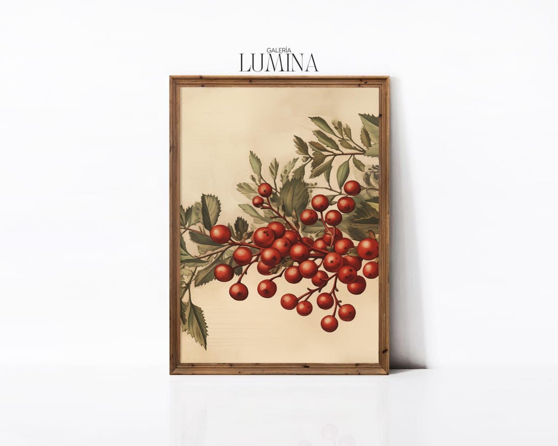 Red Winter Berries on a Botanical Branch Vintage Holiday Poster - Image 2