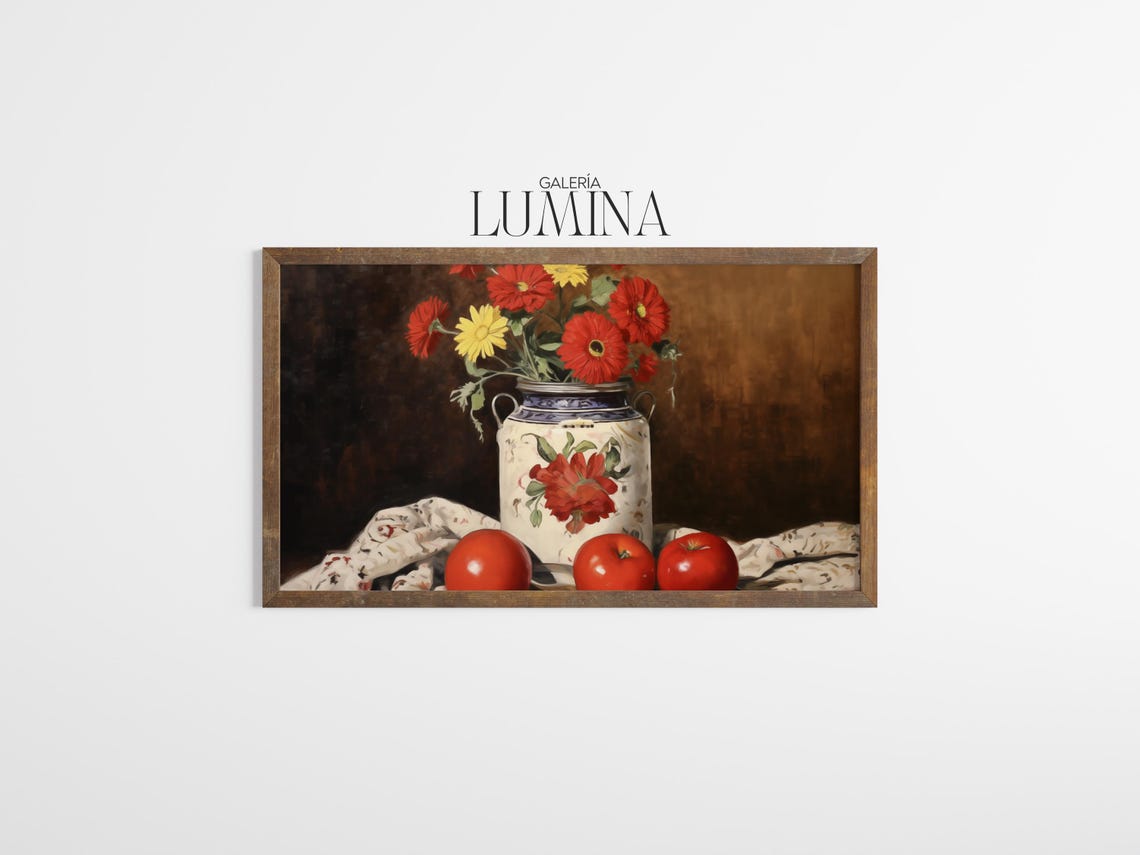 Red Gerbera Daisies in Ceramic Vase Tomatoes Rustic Still Life Poster - Image 3