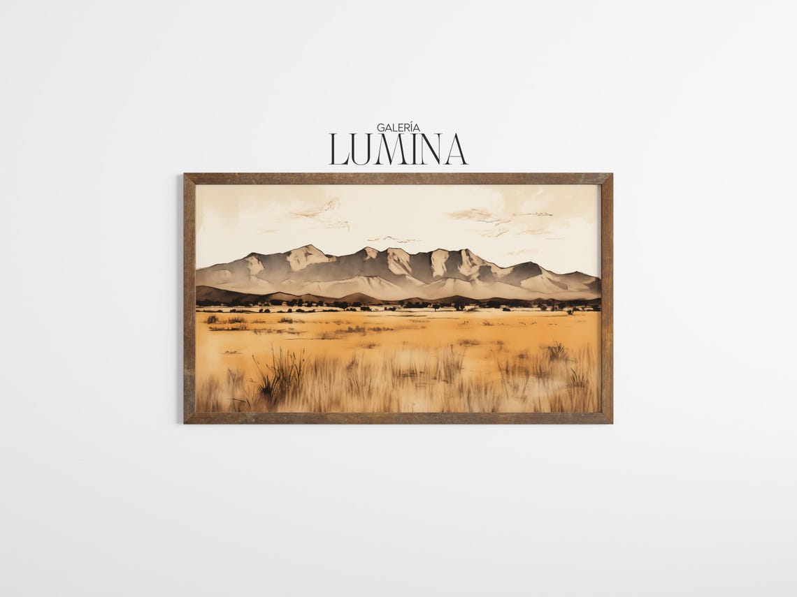 Desert Mountain Range Golden Grass Ink Wash Landscape Poster - Image 3