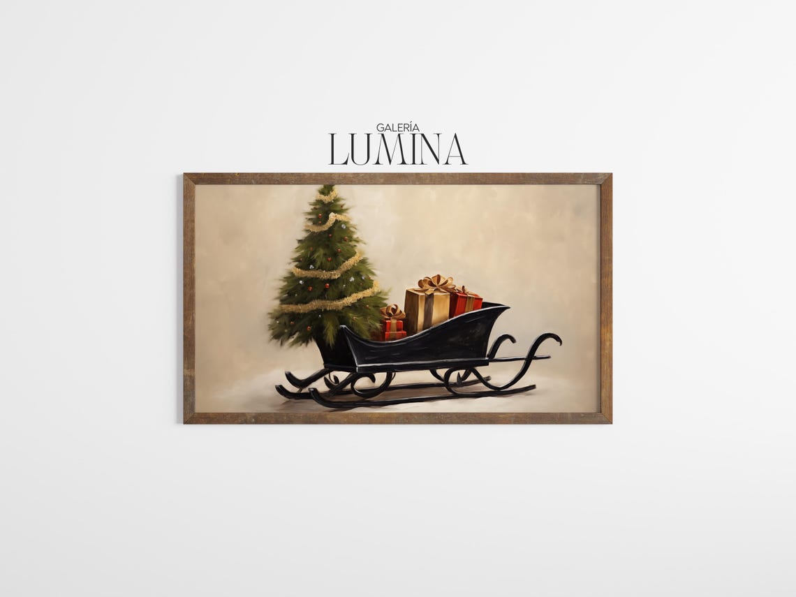 Black Sleigh With Christmas Tree and Gifts on Beige Vintage Poster - Image 3