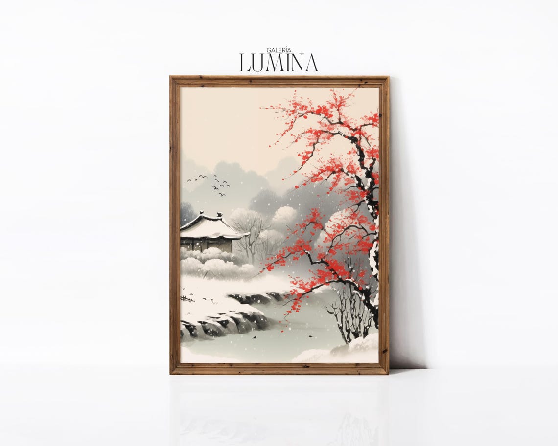 Snowy Asian Village with Red Plum Tree Ink Wash Winter Poster - Image 2