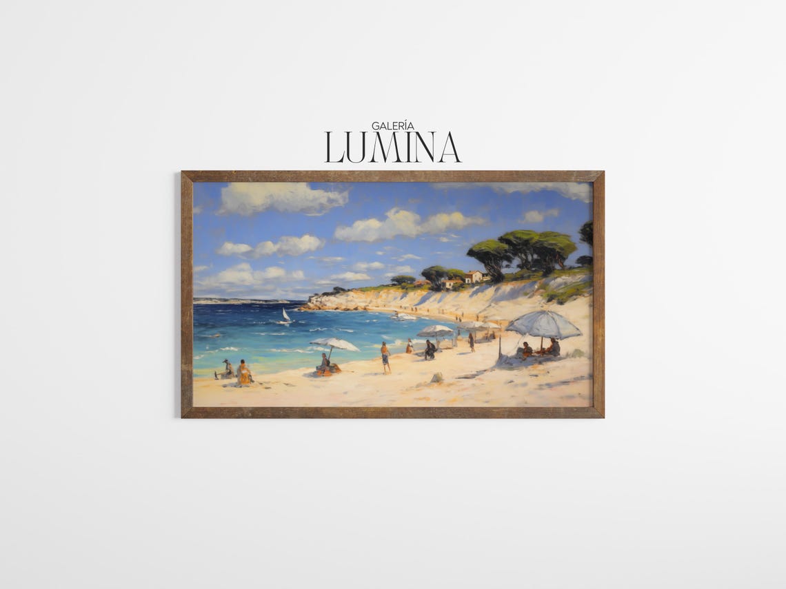 Sunny Beach Umbrellas Sailboats Cliffs Impressionist Coast Poster - Image 3