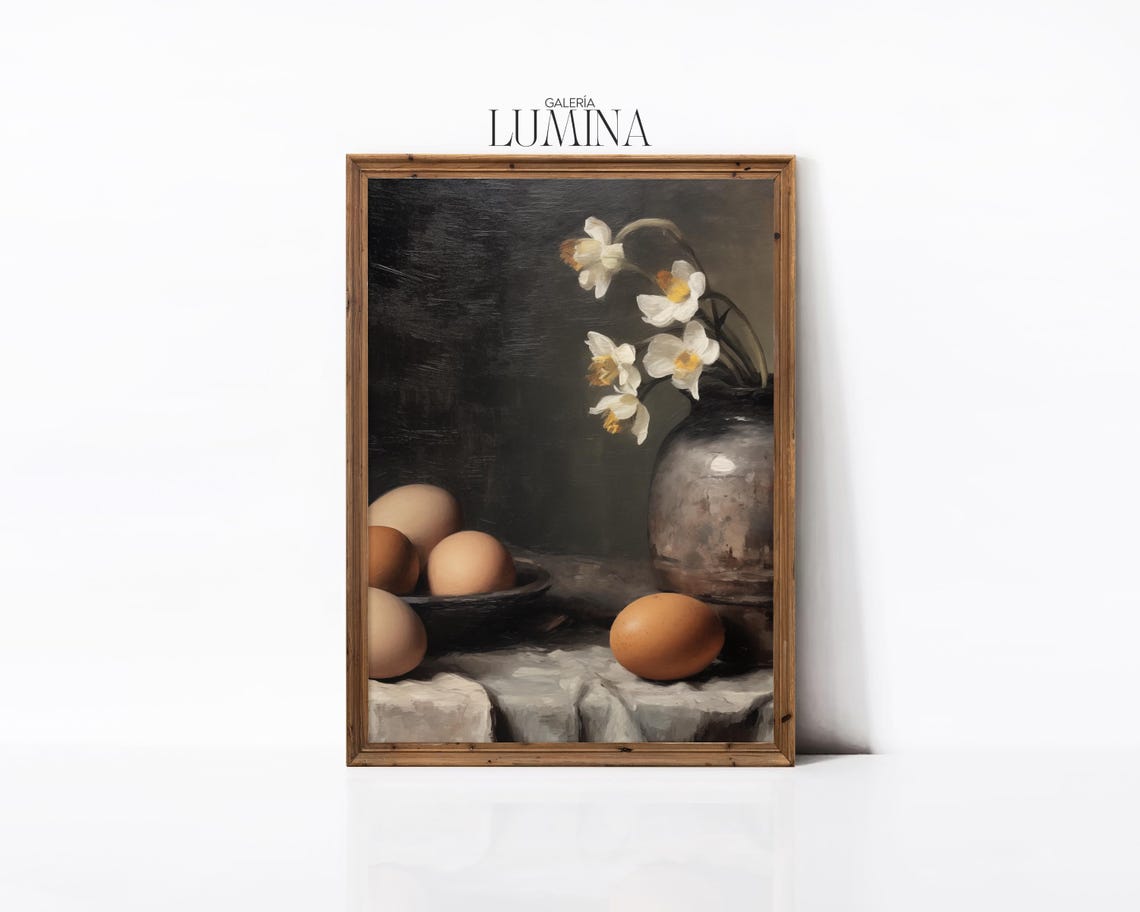 Moody Eggs Still Life Oil Painting Vintage French Still Life Painting Rustic Dark Kitchen Wall Art Art Frame Tv Art 787 - Image 2