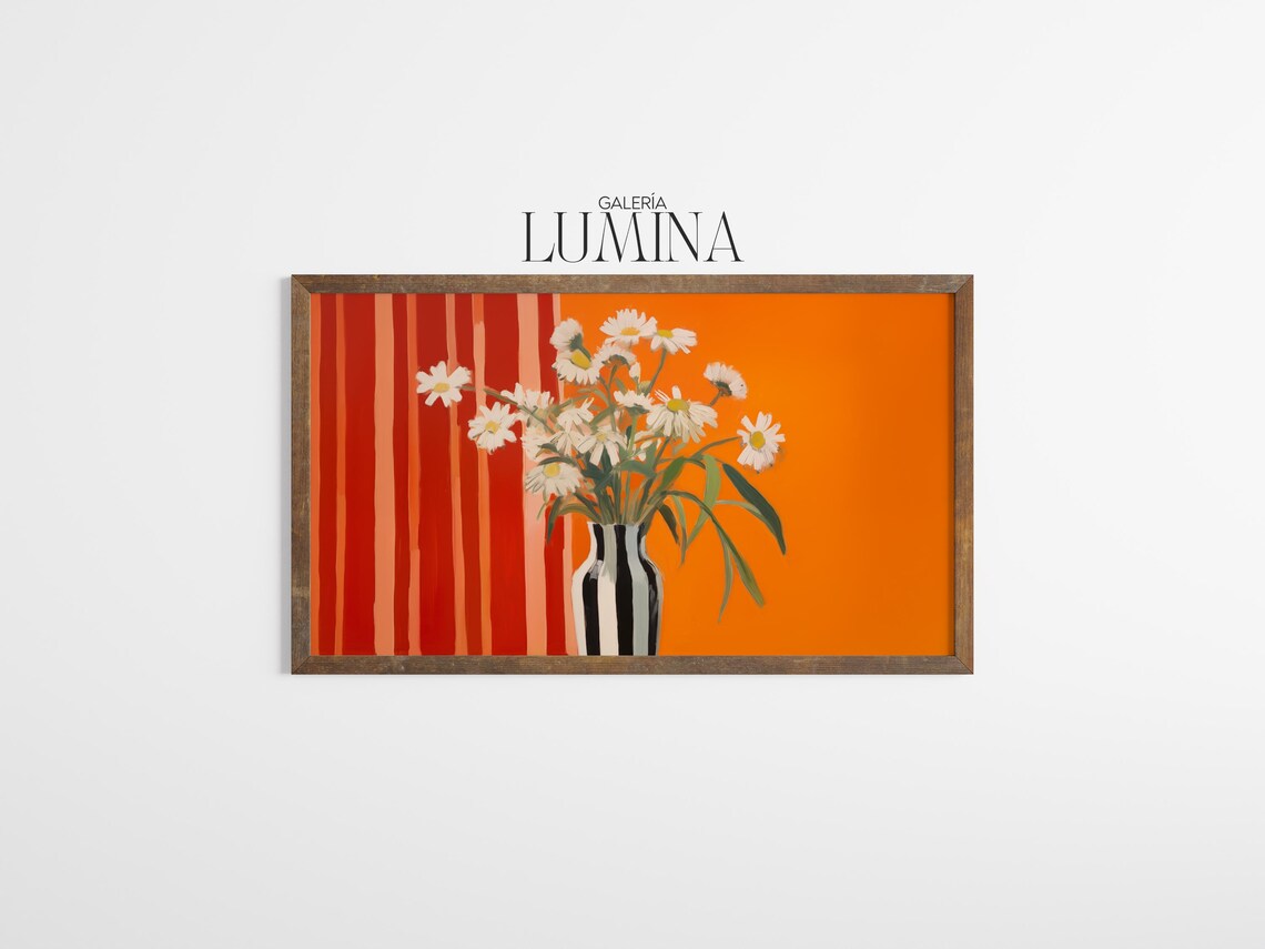 White Daisies in Striped Vase Bold Orange Floral Still Life Art Poster - Image 3