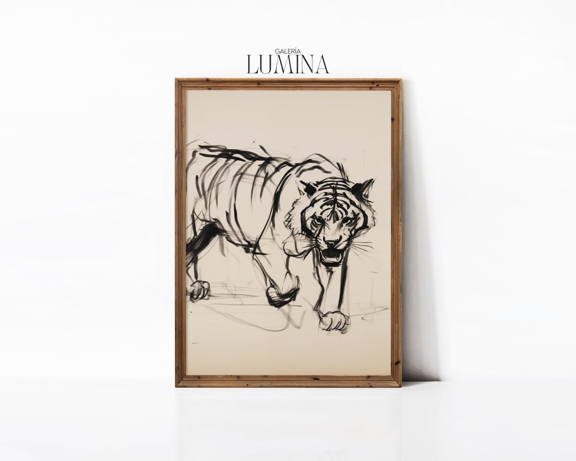 Pacing Tiger Ink Sketch Bold Wildlife Drawing Neutral Art Poster - Image 3