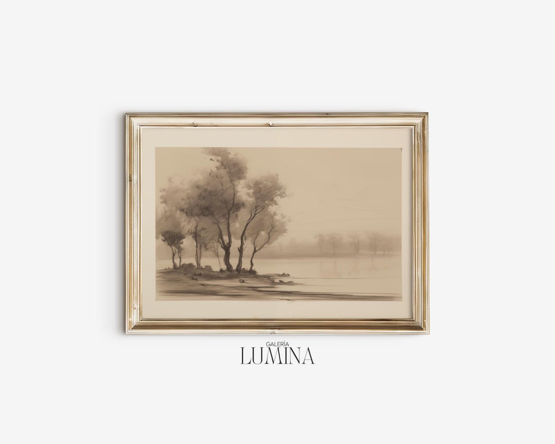 Sepia Tone River Trees Pencil Drawing Muted Color Minimalist Landscape Drawing Framed Tree Art Print Art Frame Tv Art 368 - Image 2